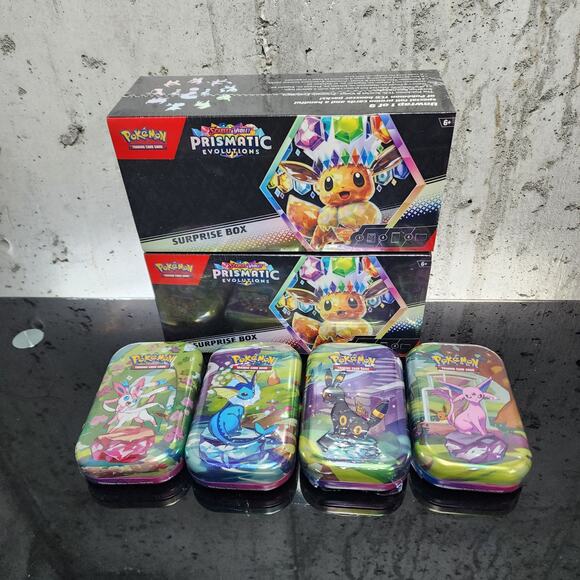 Pokemon TCG Prismatic Evolutions Surprise Box and Tins Combo Bundle Lot - Picture 1 of 3